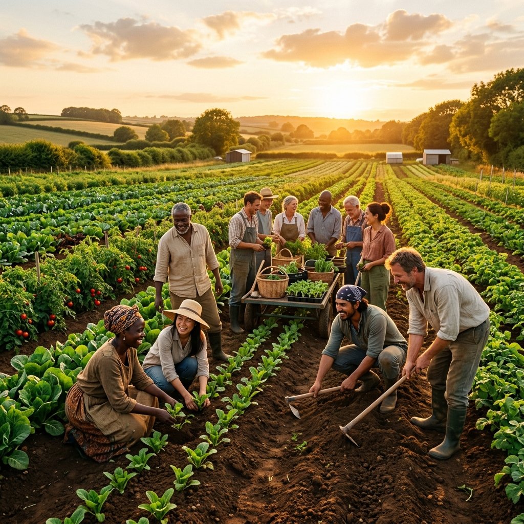 Diverse farmers working together in a lush agricultural field